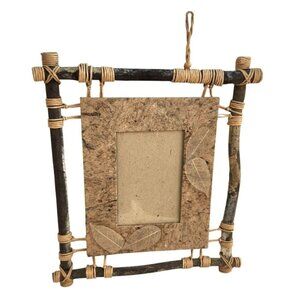 Rustic Natural Wood & Leaf Picture Art Frame With Bark Accent Boho Decor